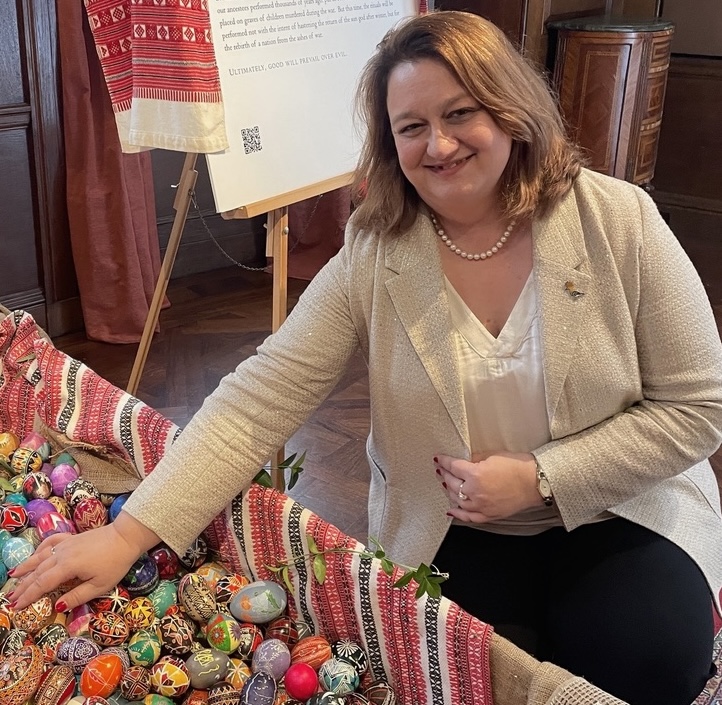 H.E. Gergana Karadjova, the Permanent Representative of Bulgaria to the United Nations. Ambassador Karadjova placed two beautifully decorated Bulgarian eggs- hand‑delivered from her homeland- into the installation.