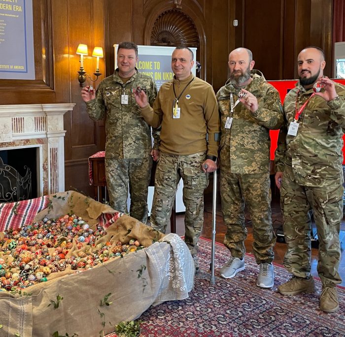 Ukrainian warriors,in New York for medical evaluations. created their own pysanky and placed them in the installation in name of all soldiers fighting at the front